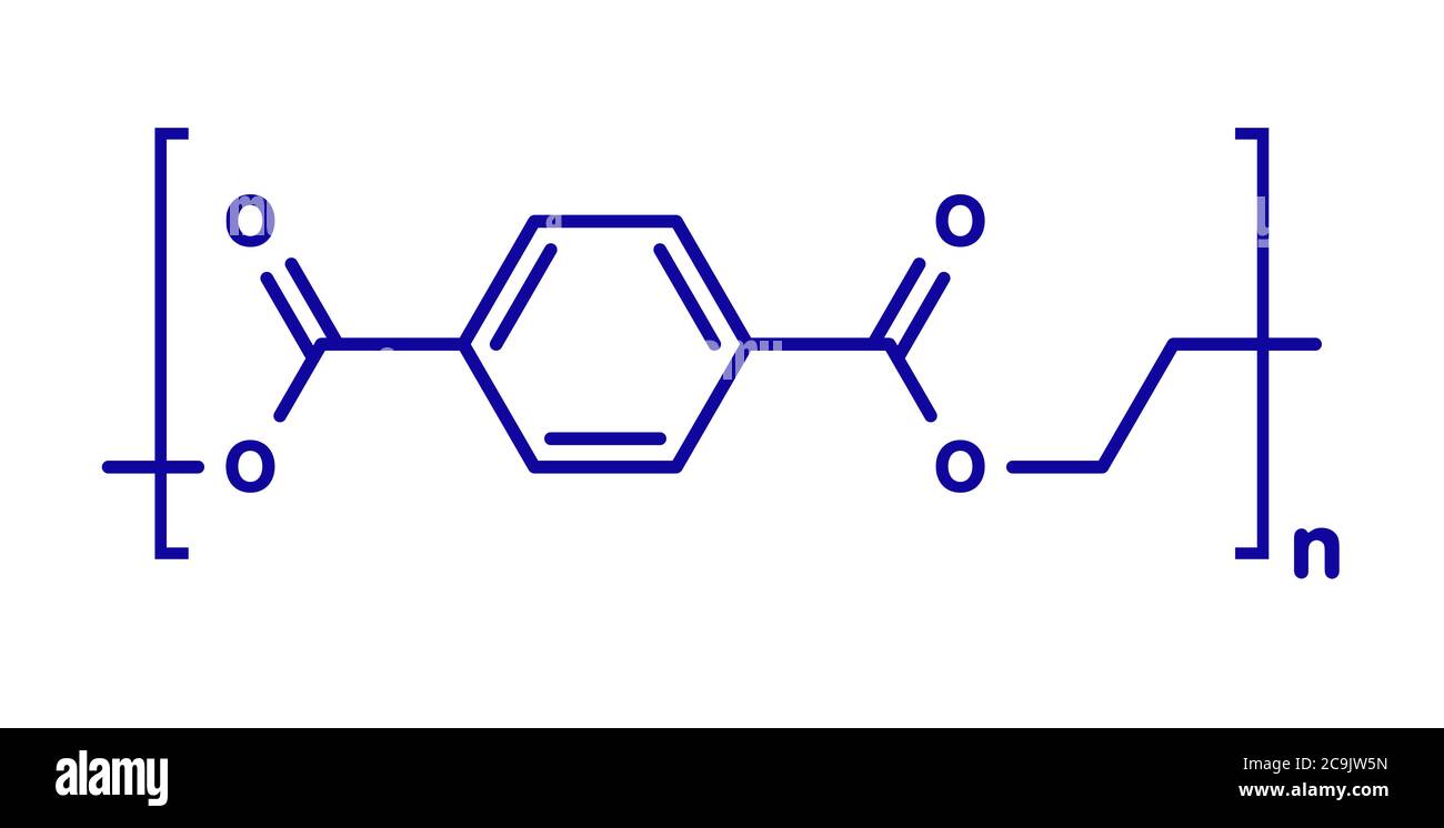 Polietilene tereftalato (PET, PETE) poliestere, struttura chimica. Utilizzato principalmente in fibre sintetiche e bottiglie di plastica. Formu scheletrico blu Foto Stock