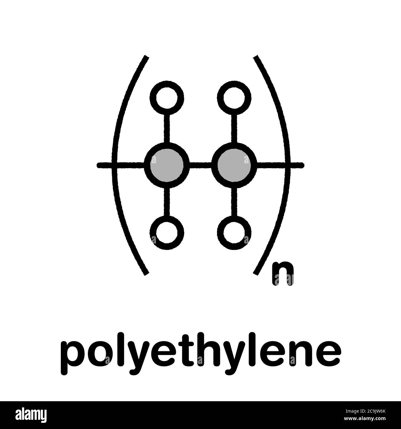 Polietilene (PE, polietilene, polietilene) plastica, struttura chimica. Formula scheletrica stilizzata: Gli atomi sono mostrati come cerchi codificati a colori con bla spessa Foto Stock