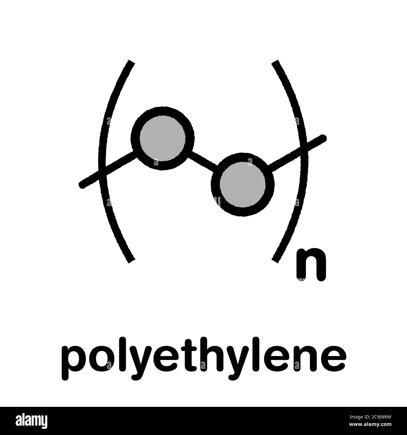 Polietilene (PE, polietilene, polietilene) plastica, struttura chimica. Formula scheletrica stilizzata: Gli atomi sono mostrati come cerchi codificati a colori con bla spessa Foto Stock