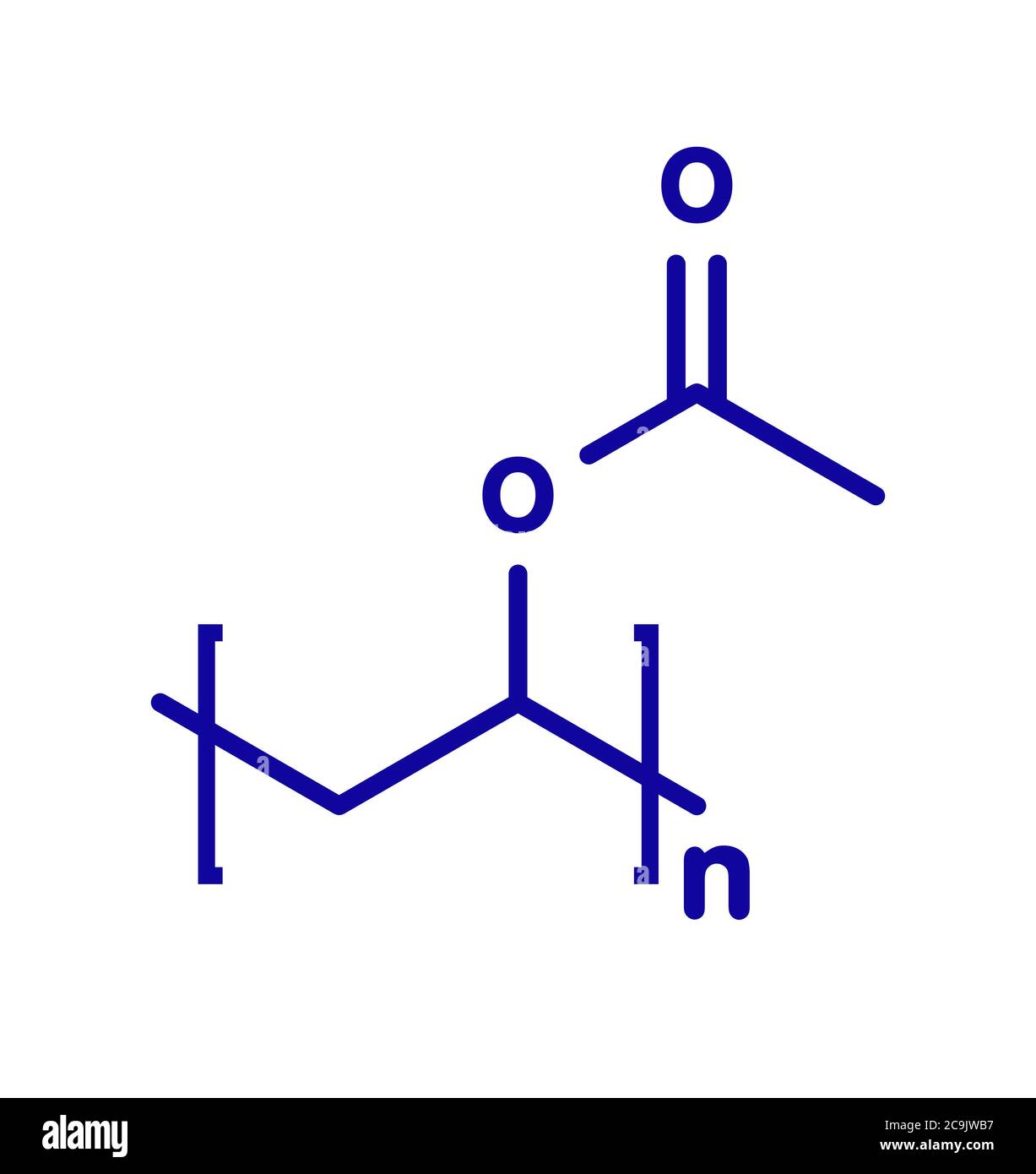 Polimero di polivinilacetato (PVA), struttura chimica. Componente principale della colla di legno o della colla del falegname. Formula scheletrica blu su sfondo bianco. Foto Stock