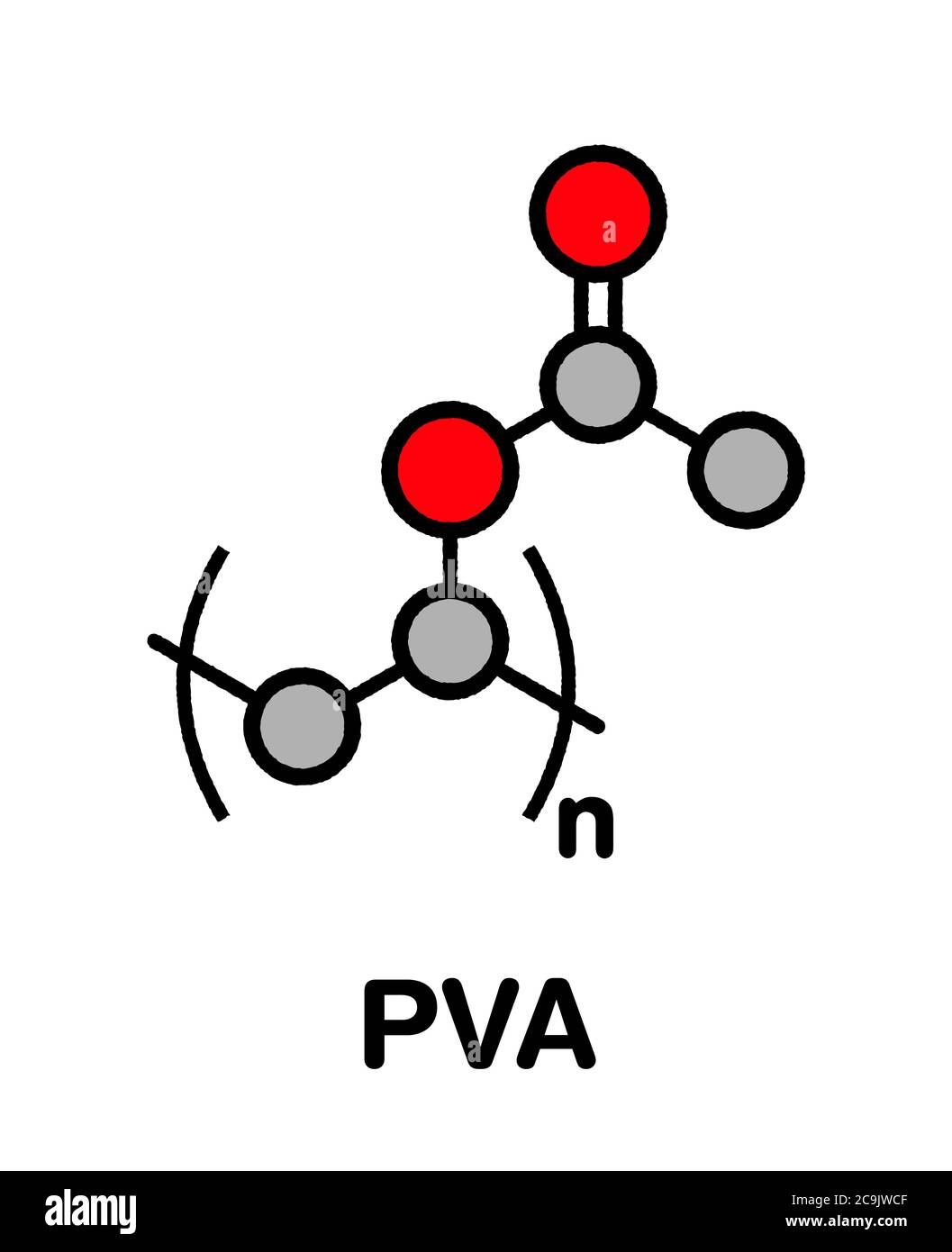 Polimero di polivinilacetato (PVA), struttura chimica. Componente principale della colla di legno o della colla del falegname. Formula scheletrica stilizzata: Gli atomi sono mostrati come co Foto Stock