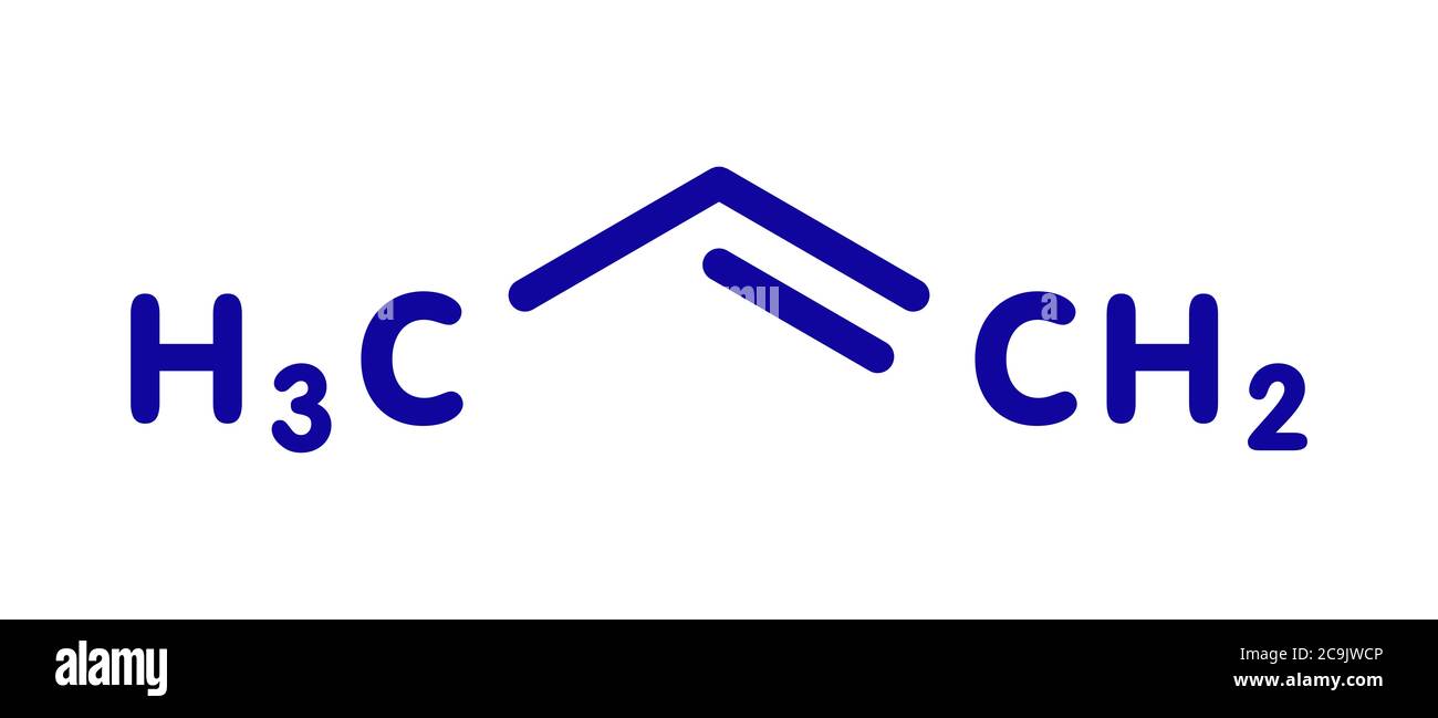 Molecola di propene (propilene). Materiale per blocchi da costruzione in polipropilene (PP, poliprene). Formula scheletrica blu su sfondo bianco. Foto Stock