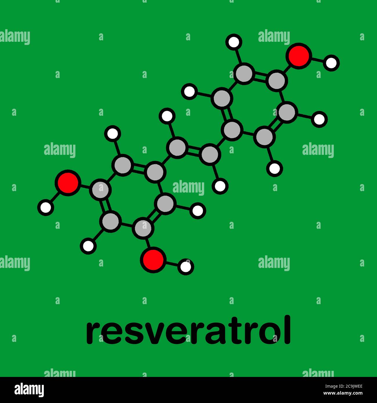 Molecola di resveratrolo. Presente in molte piante, tra cui uva e lamponi. Creduto avere un certo numero di effetti positivi di salute. Scheletro stilizzato Foto Stock