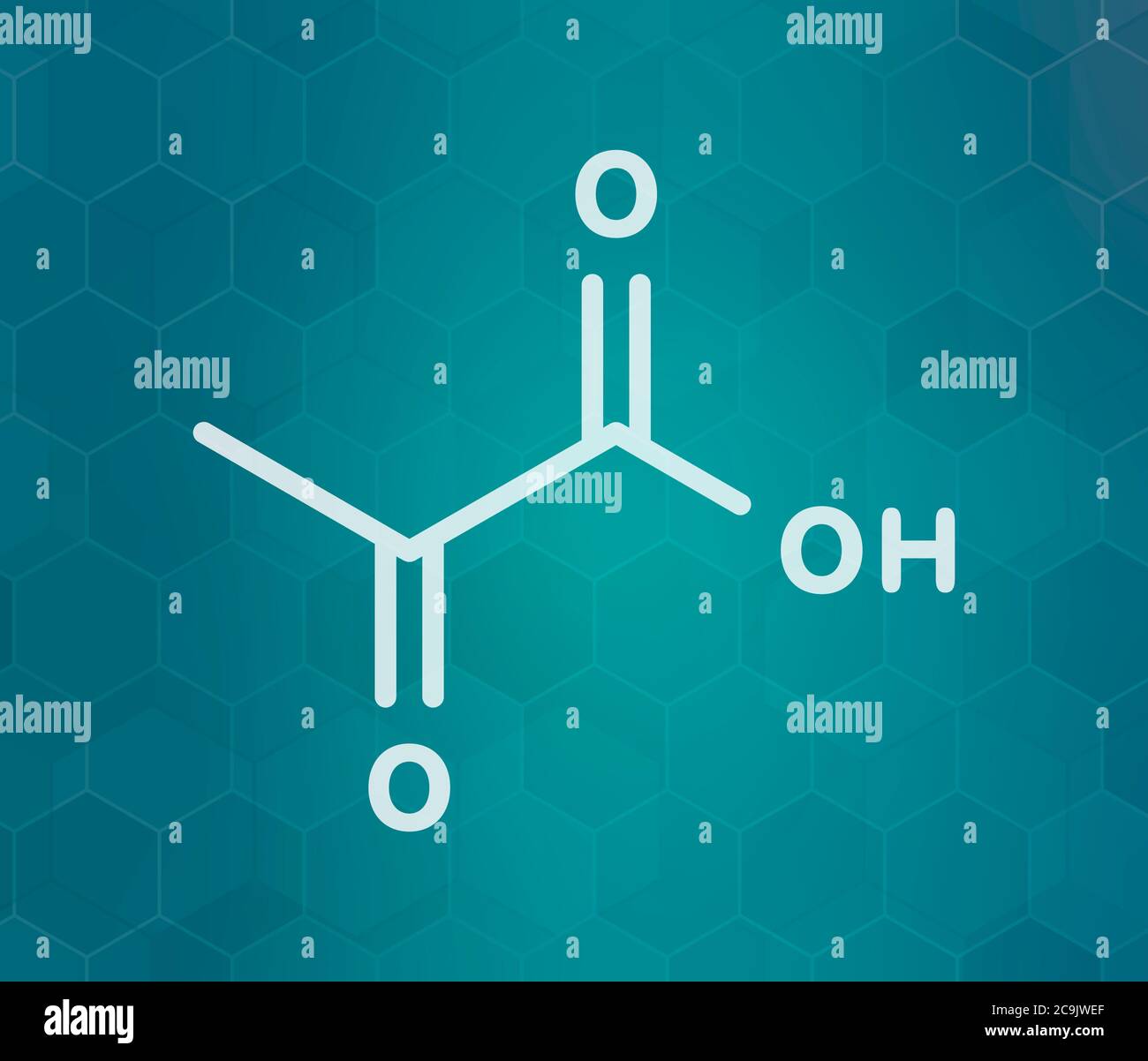 Molecola di acido piruvico (piruvato). Importante intermedio in un certo numero di processi biochimici. Formula scheletrica bianca su sfondo scuro del gradiente teale Foto Stock
