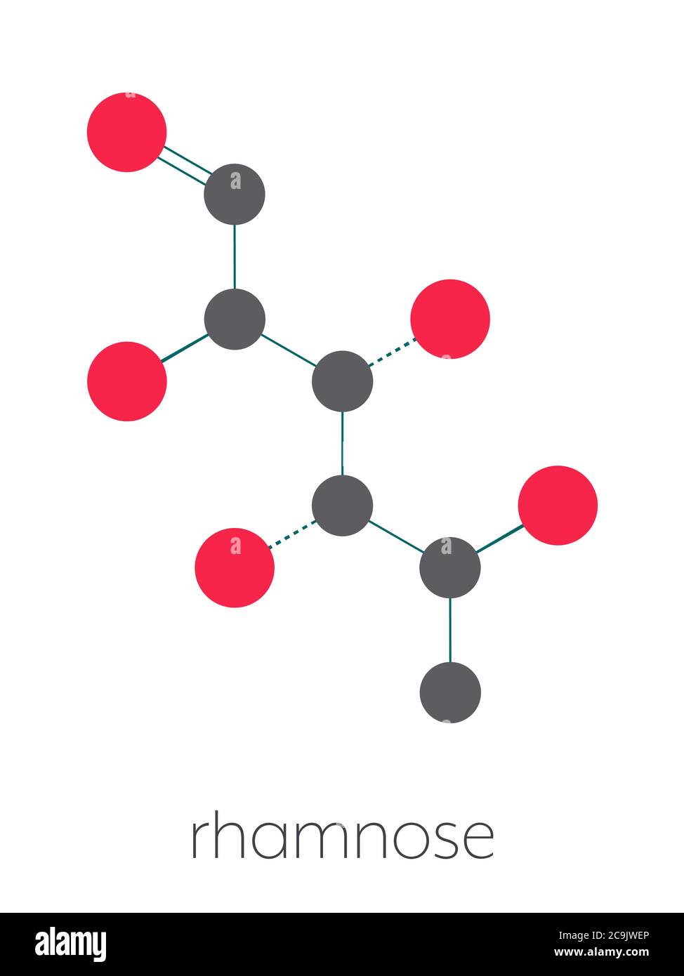 Rhamnose (L-rhamnose) molecola di zucchero deossi. Usato in cosmetici per trattare le rughe. Formula scheletrica stilizzata (struttura chimica). Gli atomi sono mostrati come co Foto Stock