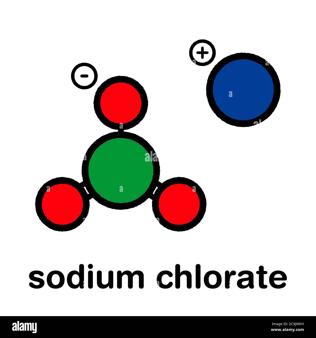Sale di clorato di sodio, struttura chimica. Formula scheletrica stilizzata (struttura chimica): Gli atomi sono mostrati come cerchi codificati a colori con un'uscita nera spessa Foto Stock