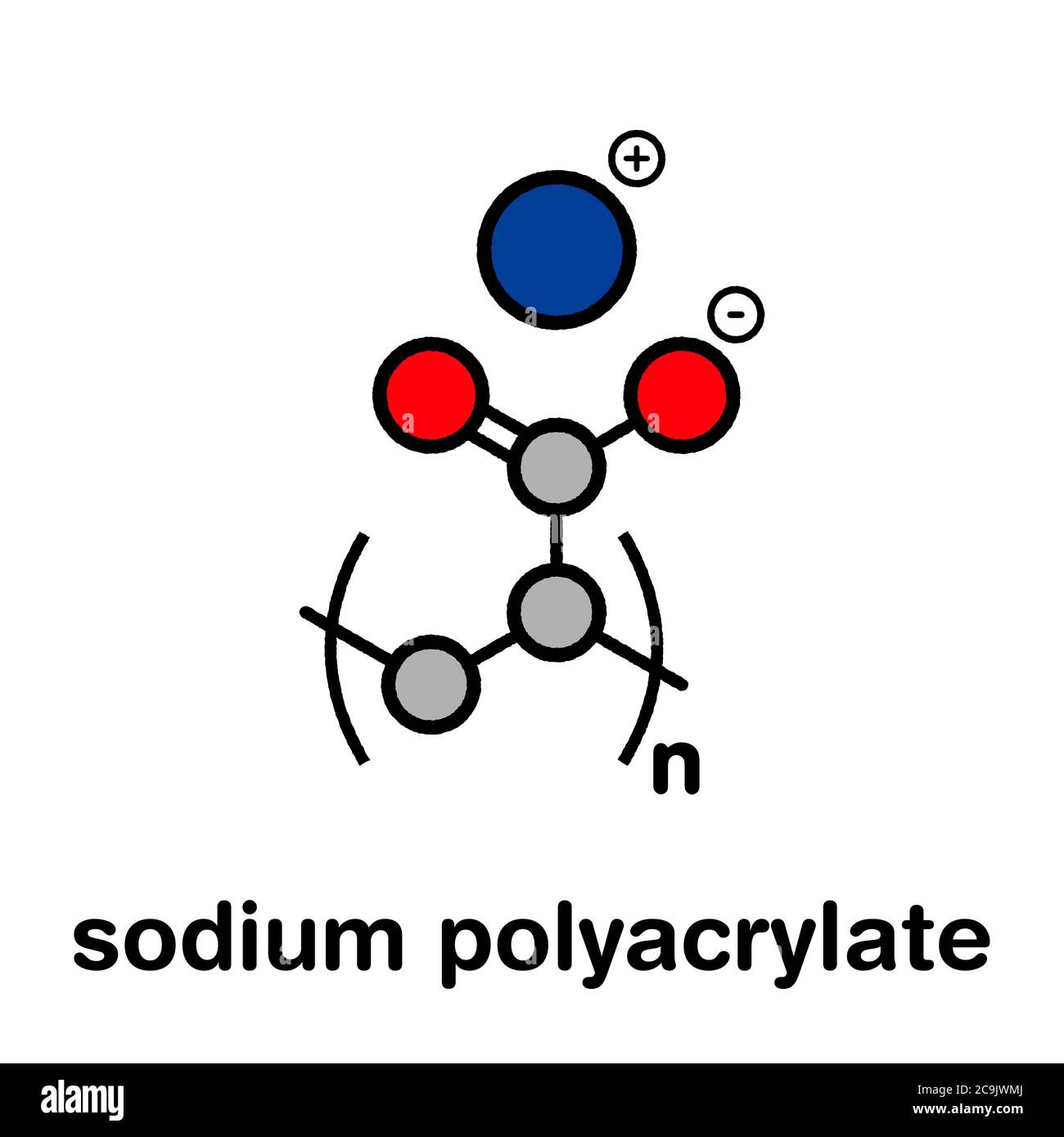 Polimero di poliacrilato di sodio, struttura chimica. Polimero  superassorbente, noto anche come waterlock. Formula scheletrica stilizzata:  Gli atomi sono mostrati come colore Foto stock - Alamy