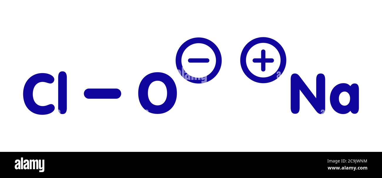 Molecola di ipoclorito di sodio (NaOCl). La soluzione acquosa è nota come  candeggina (liquida). Formula scheletrica blu su sfondo bianco Foto stock -  Alamy