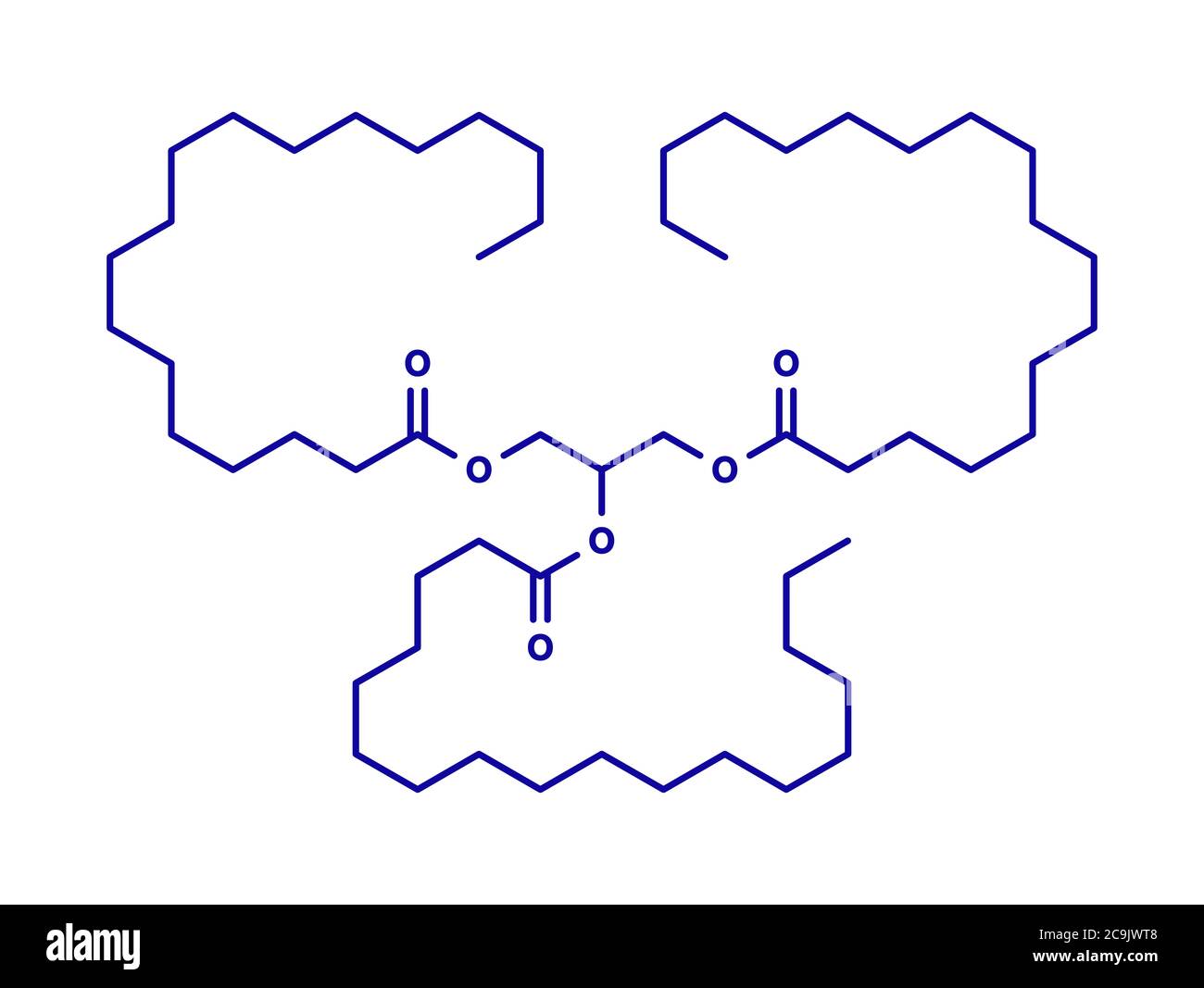 Molecola di grasso saturo di stearina: Trigliceride composto da glicerolo e 3 acidi grassi saturi (acido stearico). Formula scheletrica blu su sfondo bianco Foto Stock
