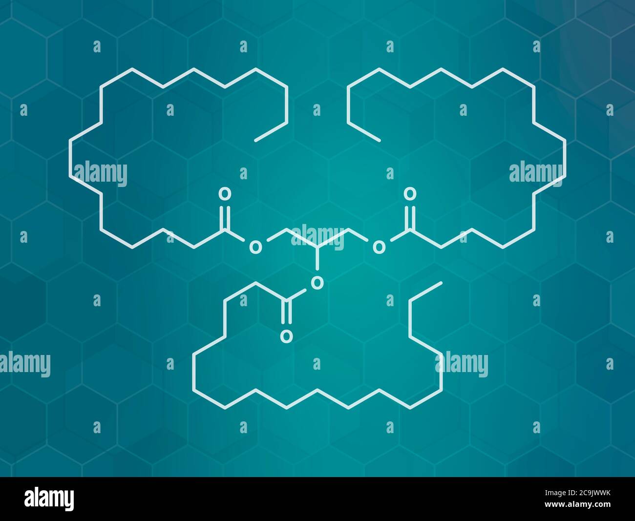 Molecola di grasso saturo di stearina: Trigliceride composto da glicerolo e 3 acidi grassi saturi (acido stearico). Formula scheletrica bianca su grad teale scuro Foto Stock