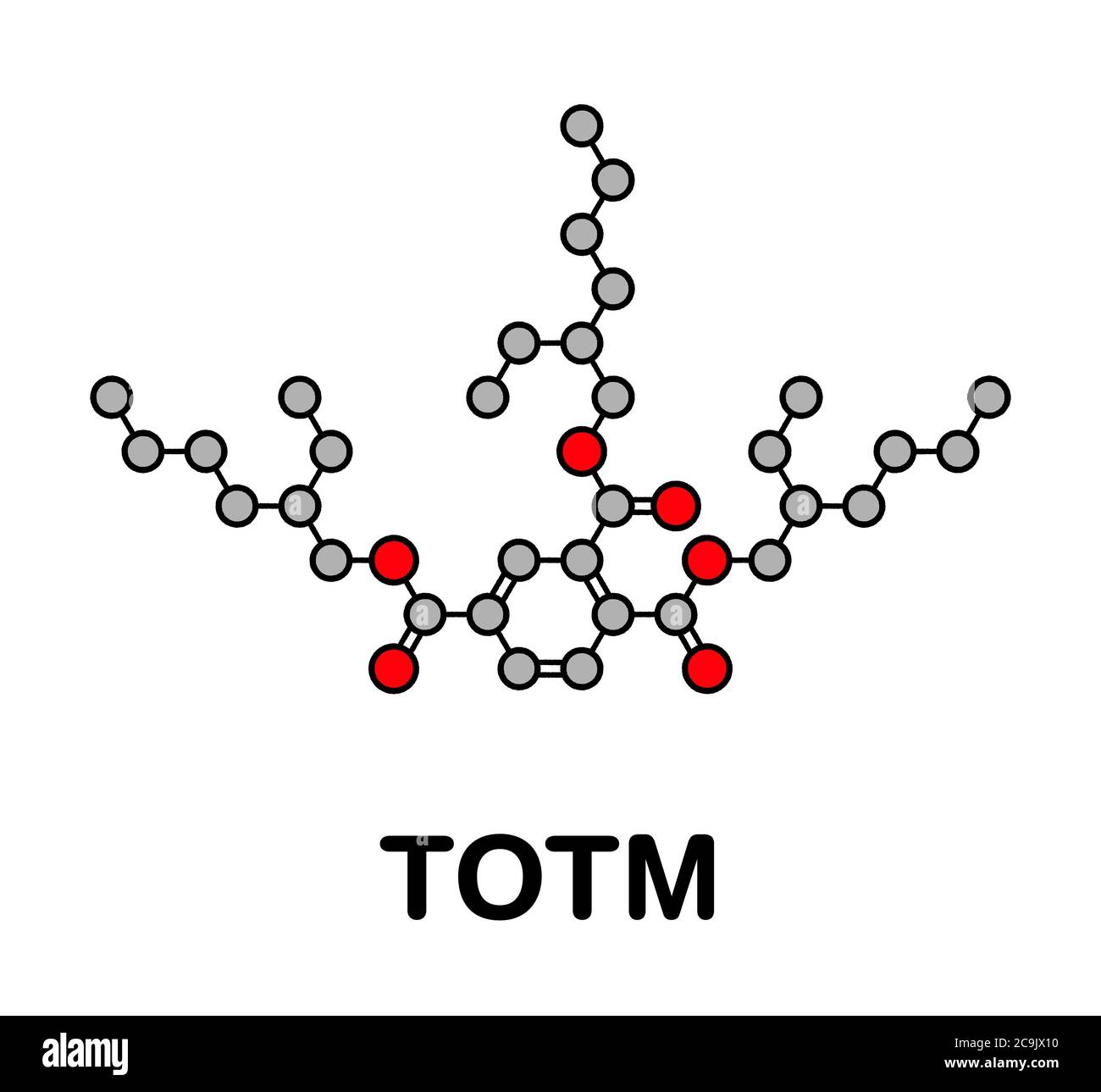 Tri-ottil-trimellitato (TOTM, tris (2-etilesil) trimellitato) molecola plastificante. Alternativa ai plastificanti ftalati. Formula scheletrica stilizzata Foto Stock