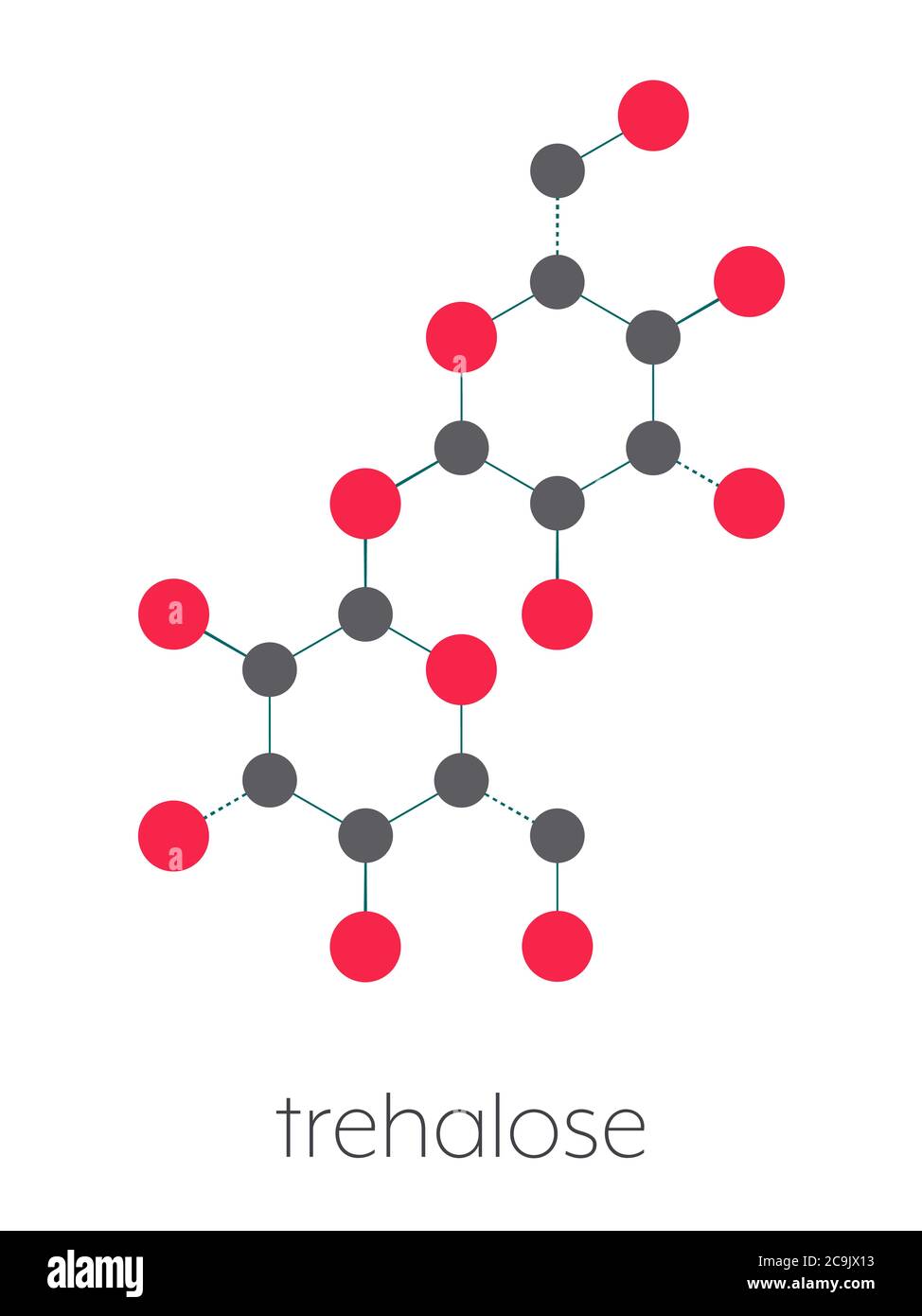 Molecola di zucchero trealosio (micosi, tremalosio). Formula scheletrica stilizzata (struttura chimica). Gli atomi sono mostrati come cerchi codificati a colori collegati da sottili Foto Stock