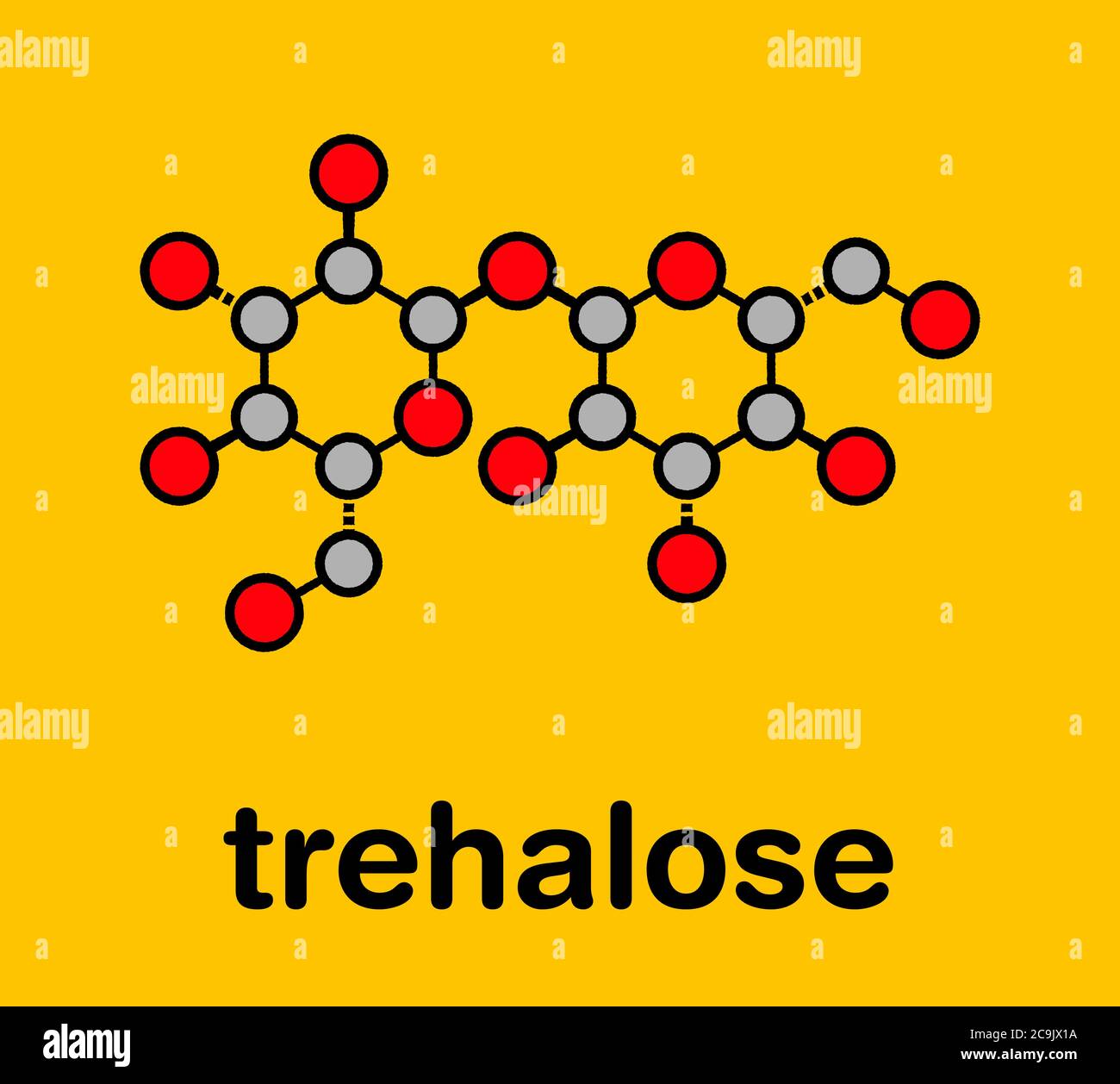 Molecola di zucchero trealosio (micosi, tremalosio). Formula scheletrica stilizzata (struttura chimica). Gli atomi vengono visualizzati come cerchi con codice colore e nero spesso Foto Stock