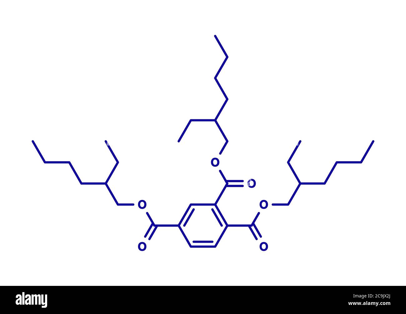 Tri-ottil-trimellitato (TOTM, tris (2-etilesil) trimellitato) molecola plastificante. Alternativa ai plastificanti ftalati. Formula scheletrica blu attivata Foto Stock