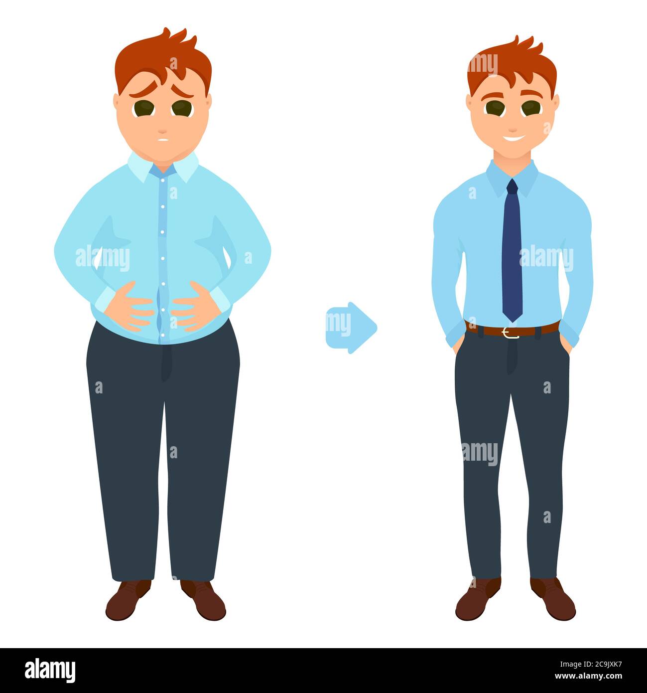 Uomo prima e dopo la perdita di peso, illustrazione. Foto Stock