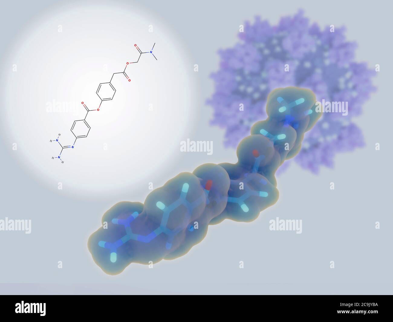 Illustrazione di molecole del camostat mesilato inibitore della proteasi e di una particella di coronavirus SARS-COV-2. Camostat è in fase di studio come trattamento Foto Stock