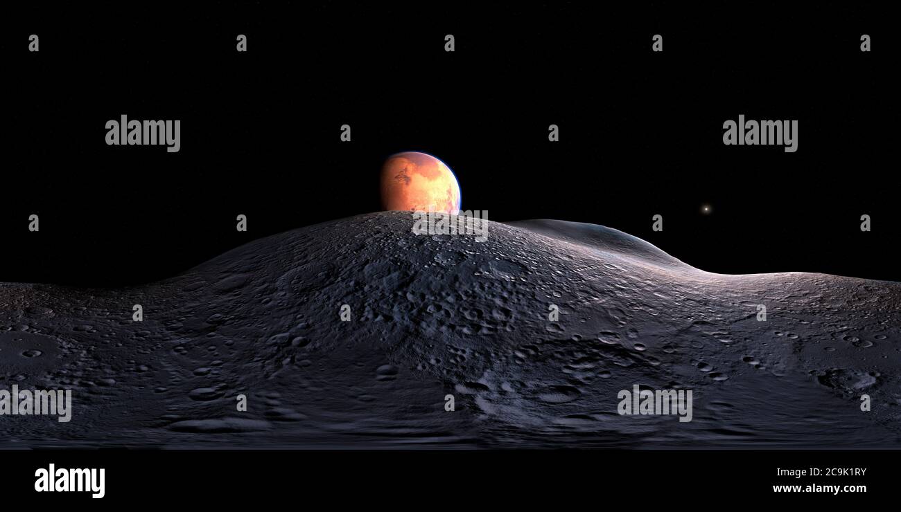 Illustrazione del pianeta rosso, Marte, visto sorgere sopra Phobos mentre gira. Phobos è la più interna delle due lune marziane, l'altra è Deimos, Foto Stock