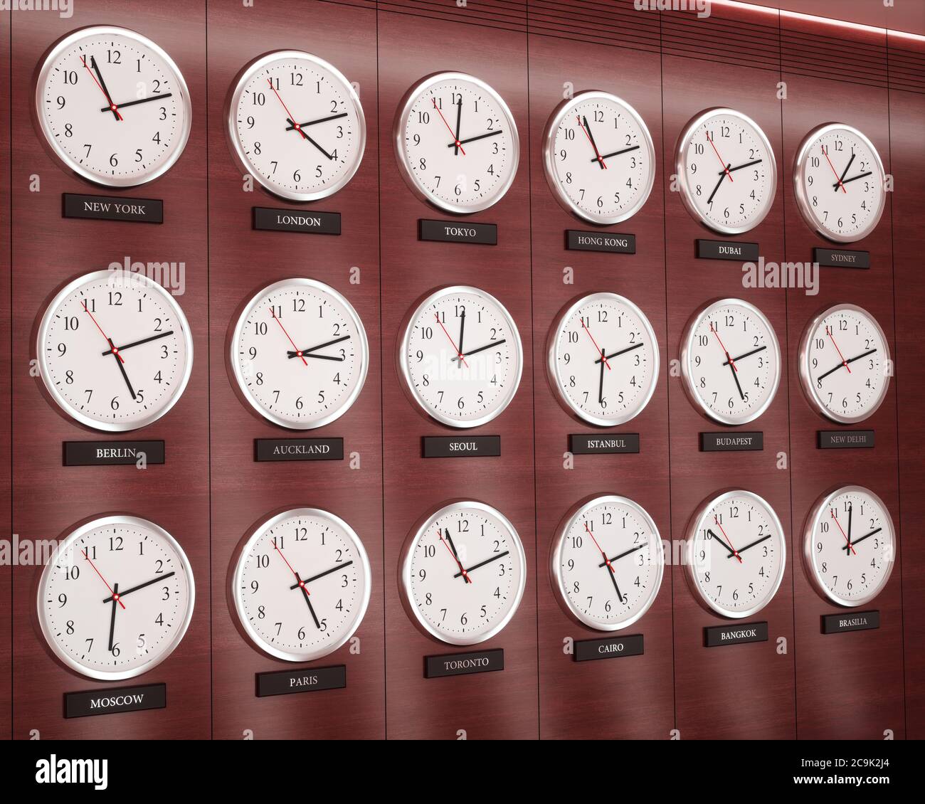 Illustrazione degli orologi che mostrano l'ora in tutto il mondo. Foto Stock