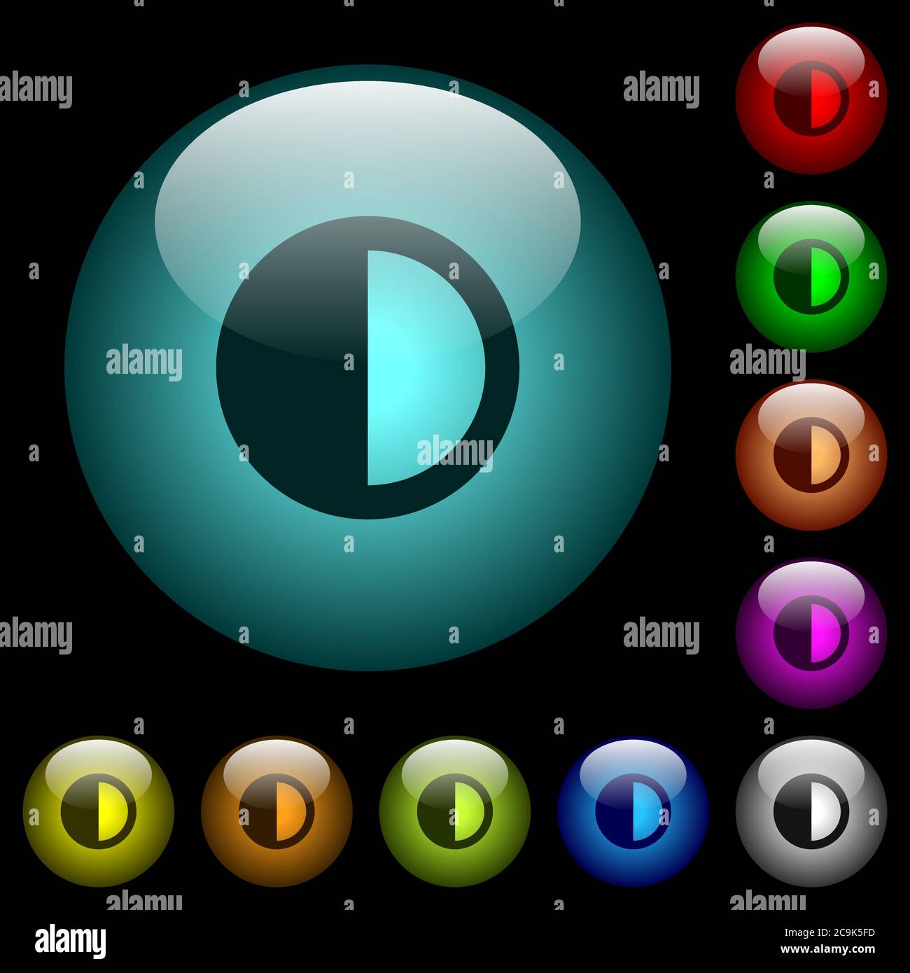 Icone di controllo del contrasto con pulsanti in vetro sferico illuminati a colori su sfondo nero. Può essere utilizzato per modelli neri o scuri Illustrazione Vettoriale