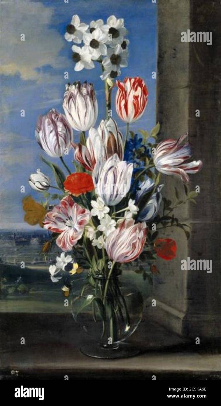 Jan van den Hecke (i) - Bloemen in een vaas op een vensterbank, op de achtergrond het beleg van Grevelingen-Gravelines van 1652 Foto Stock