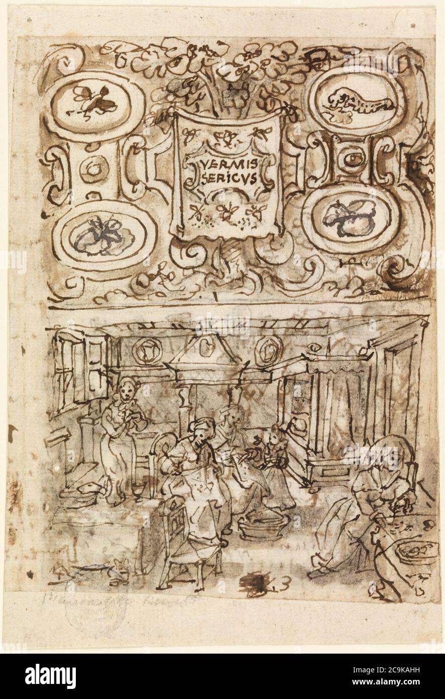 Jan van der Straet, chiamato Stradanus - pagina del titolo della serie della Sericoltura (vermis Sericus) Foto Stock