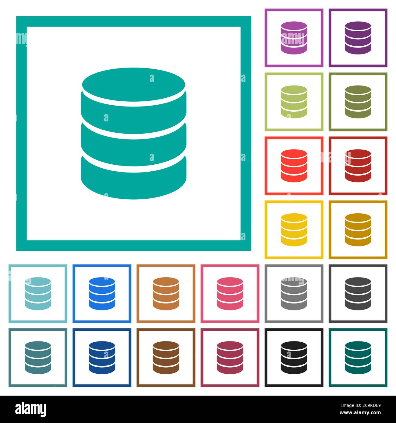 Icone a colori piatte di un singolo database con cornici quadranti su sfondo bianco Illustrazione Vettoriale