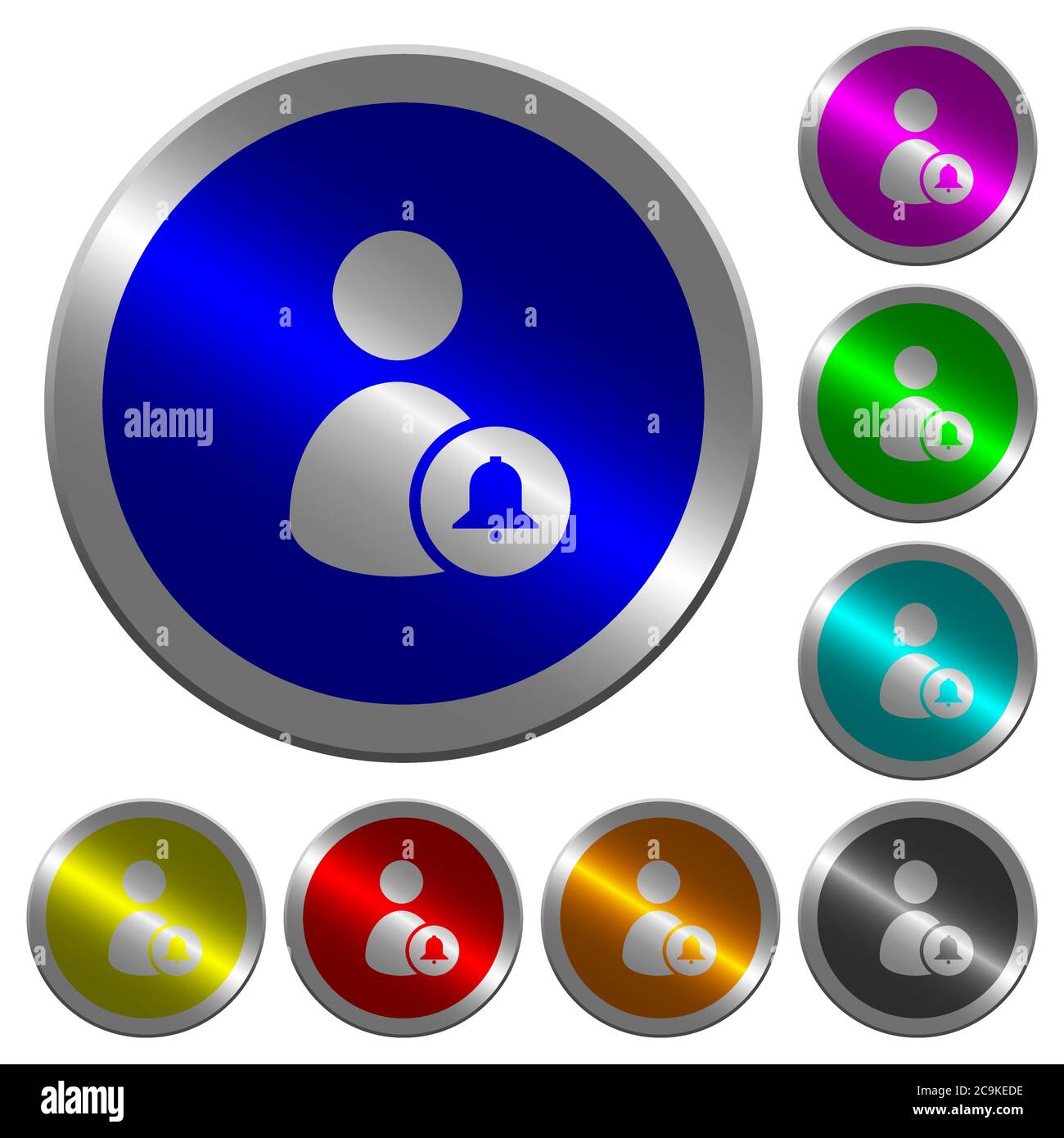 Notifica icone utente su pulsanti tondi in acciaio colore simile a una moneta luminosa Illustrazione Vettoriale