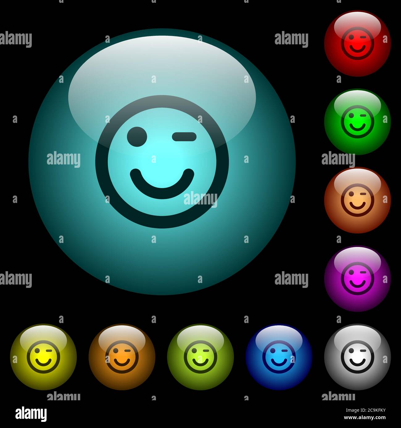Icone di emoticon colorate illuminate pulsanti sferici in vetro su sfondo nero. Può essere utilizzato per modelli neri o scuri Illustrazione Vettoriale