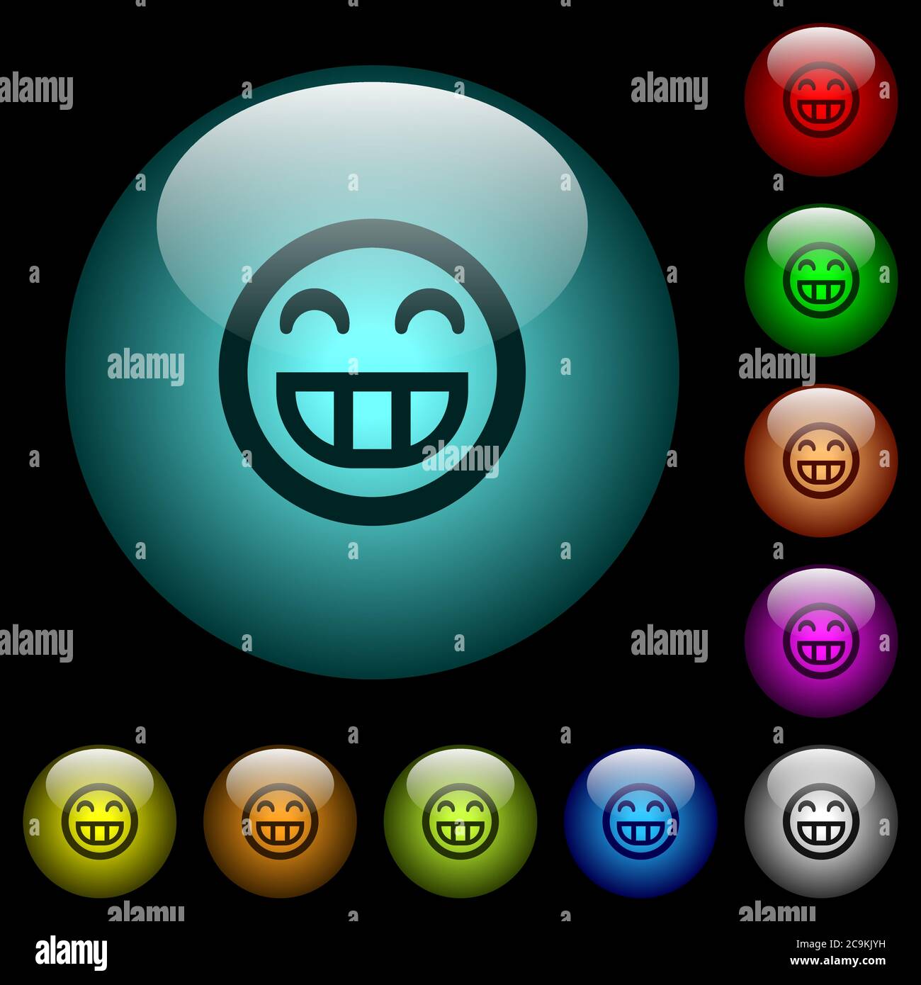 Icone emoticon di colore illuminato pulsanti sferici in vetro su sfondo nero. Può essere utilizzato per modelli neri o scuri Illustrazione Vettoriale