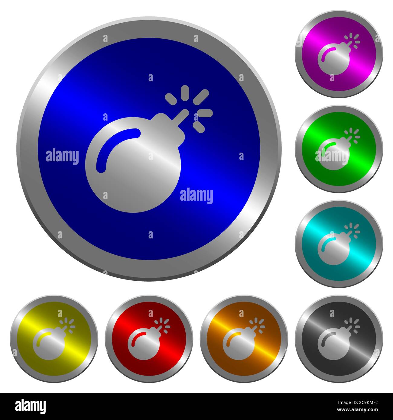 Bomba con luccicanti icone fuse su pulsanti tondi in acciaio color moneta Illustrazione Vettoriale