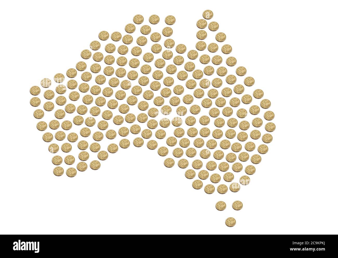 Mappa dell'Australia composta da monete australiane da un dollaro Foto Stock