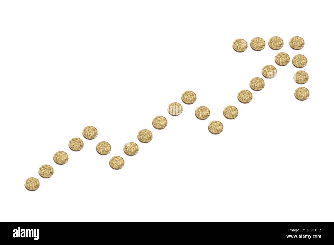 Grafico a freccia crescente fatto da Australia monete da un dollaro. Foto Stock
