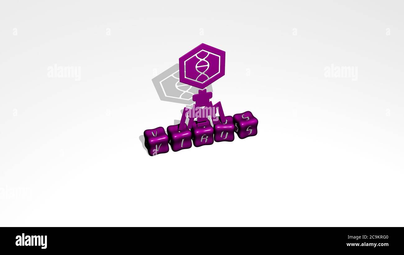 Immagine grafica 3D del virus in verticale insieme al testo costruito da lettere cubiche metalliche dalla prospettiva superiore, eccellente per la presentazione concettuale e presentazioni. Illustrazione e sfondo Foto Stock