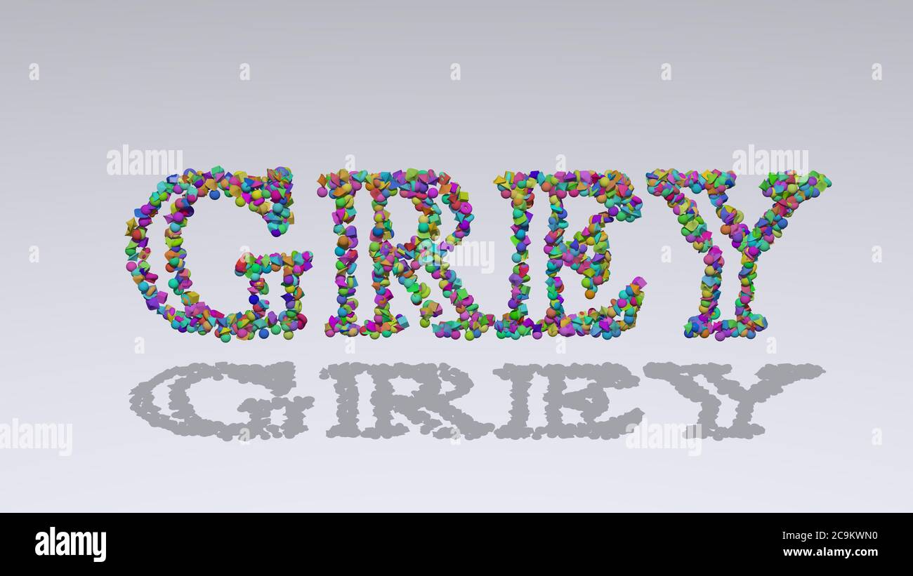 GRIGIO scritto in 3D da piccoli oggetti colorati che gettano ombra su uno sfondo bianco. Astratto e design Foto Stock