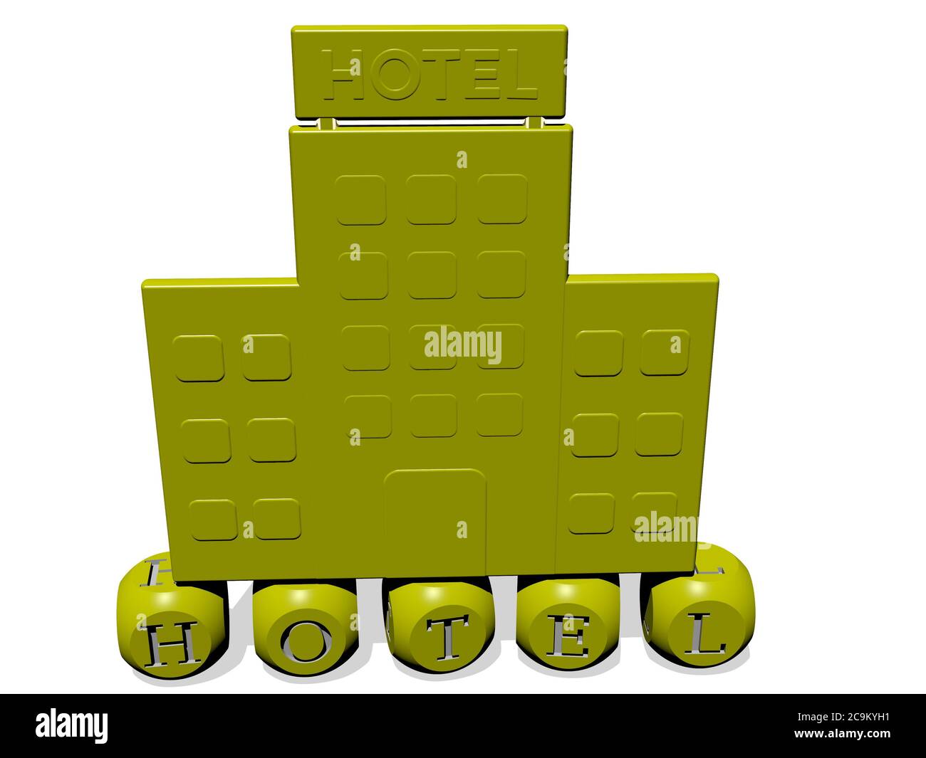 Rappresentazione in 3D DELL'HOTEL con icona sulla parete e testo disposto da lettere cubiche metalliche su un pavimento a specchio per il significato concettuale e presentazione slideshow. Costruzione e architettura Foto Stock