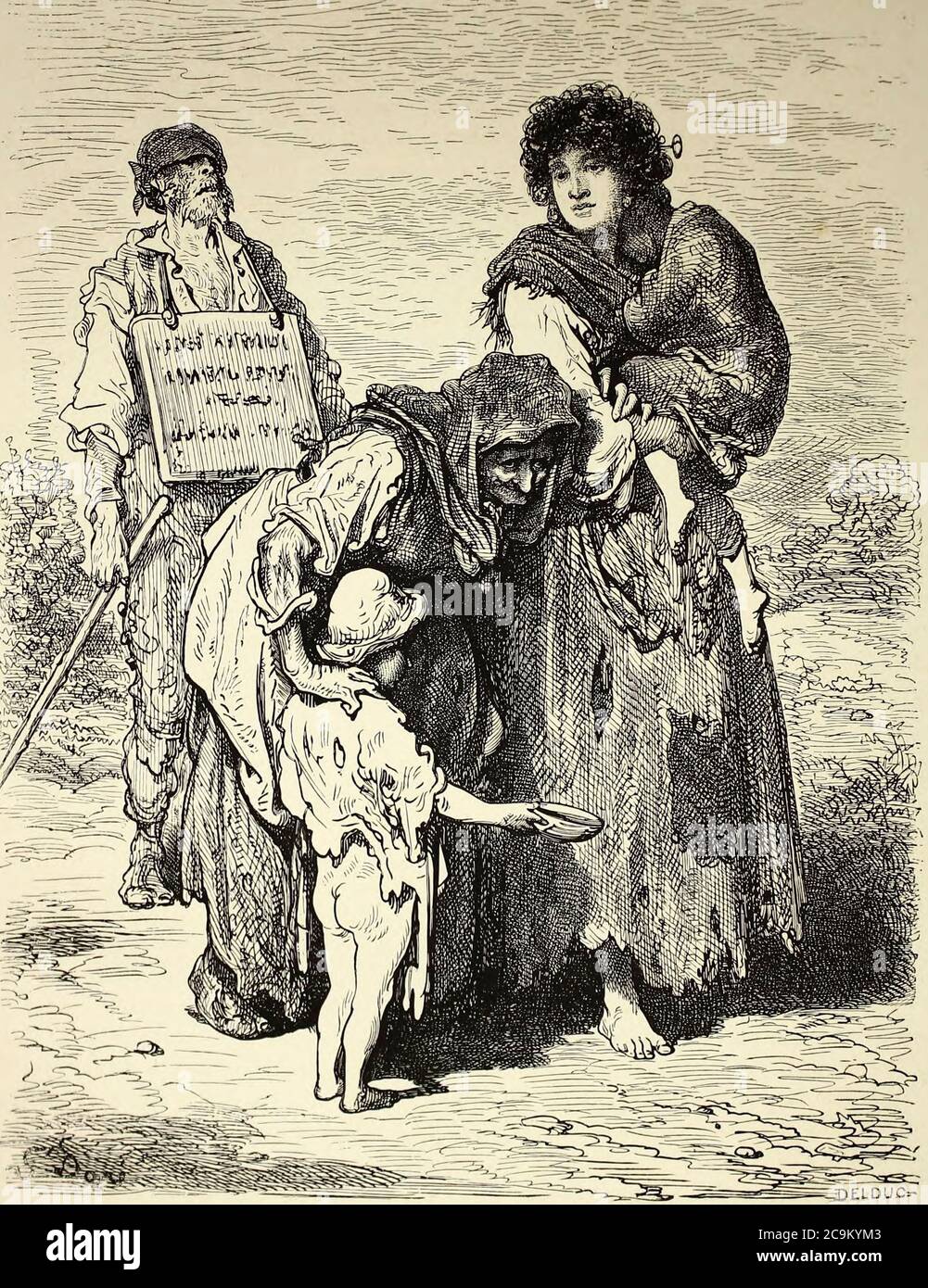 Mendiants a Madridejos [Beggars in Madridejos] illustrazione della pagina dal libro 'Pain' [l'Espagne] di Davillier, Jean Charles, barón, 1823-1883; Doré, Gustave, 1832-1883; pubblicato a Parigi, Francia da Libreria Hachette, nel 1874 Foto Stock