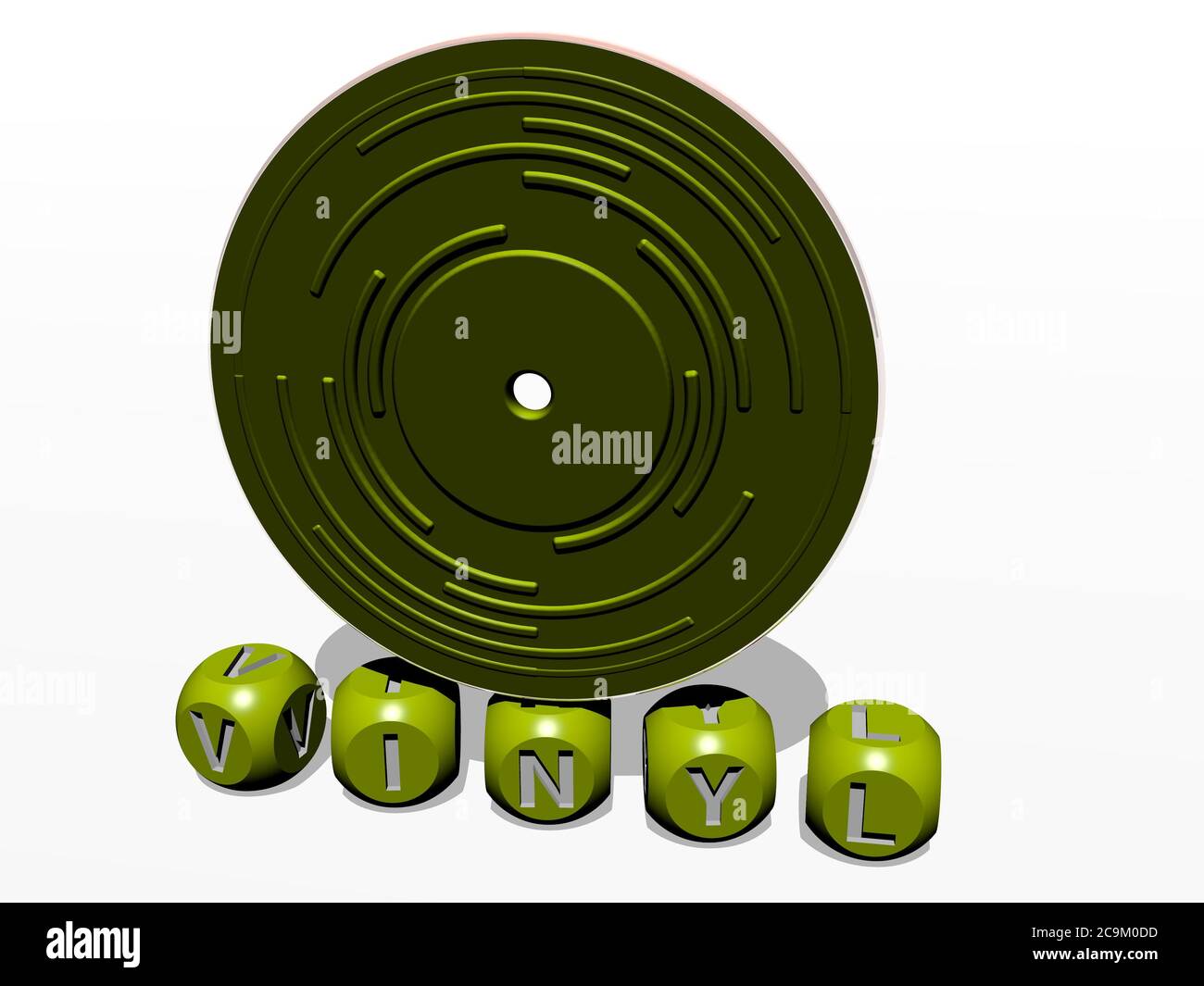 Rappresentazione in 3D del vinile con icona sulla parete e testo disposto da lettere cubiche metalliche su un pavimento a specchio per significato concettuale e presentazione slideshow. Sfondo e illustrazione Foto Stock