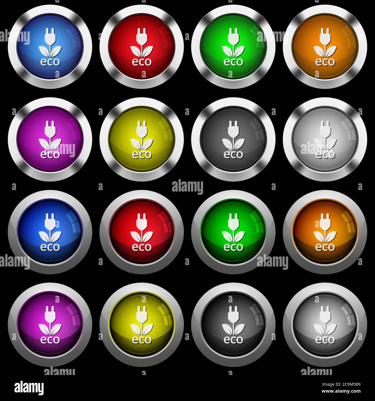 Icone eco-energetiche bianche in pulsanti rotondi lucidi con cornici in acciaio su sfondo nero. I pulsanti sono disponibili in due stili diversi e in otto colori. Illustrazione Vettoriale