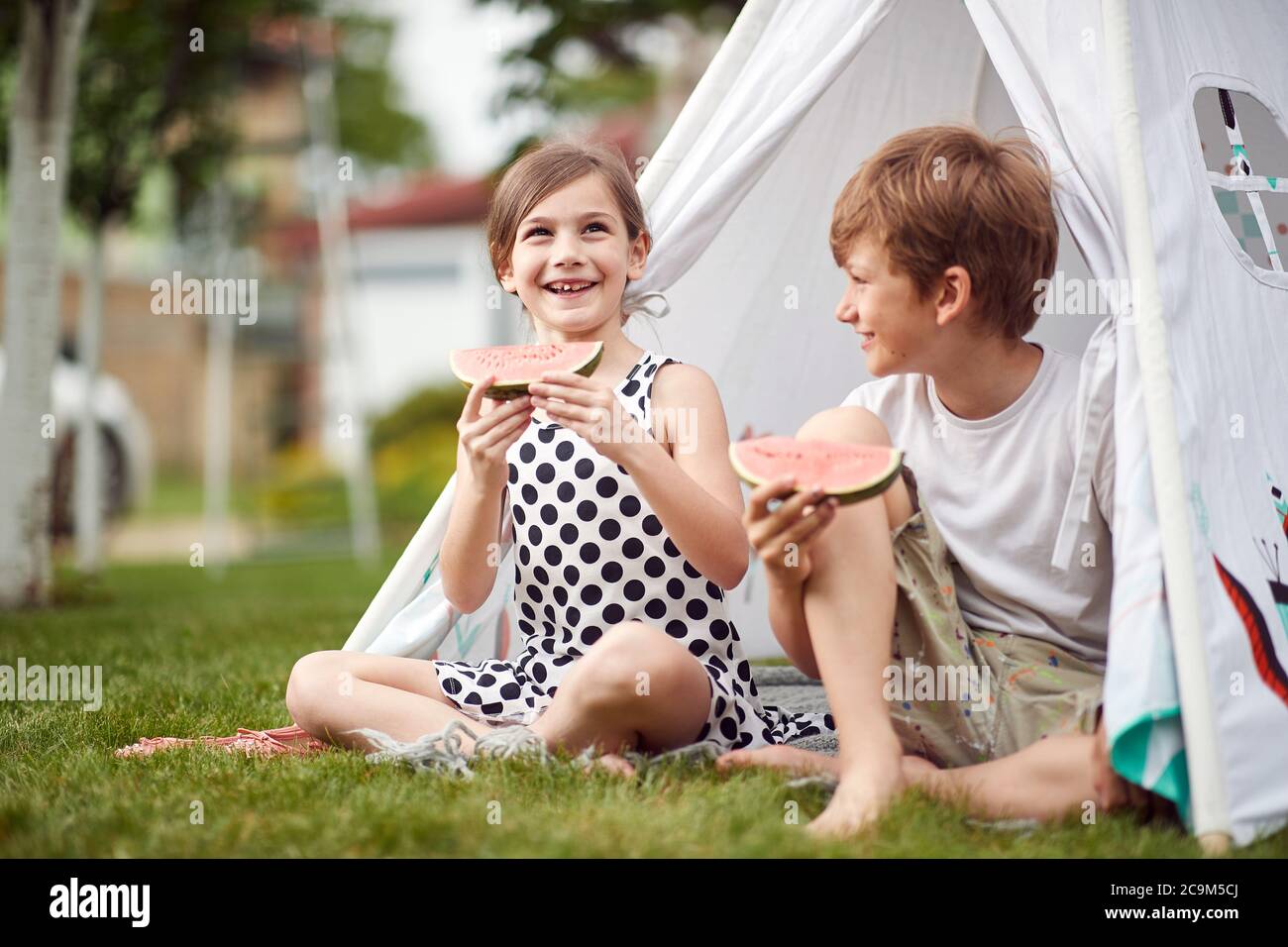 Giovane ragazzo e ragazza eccitati di anguria in un piccolo campo Foto Stock