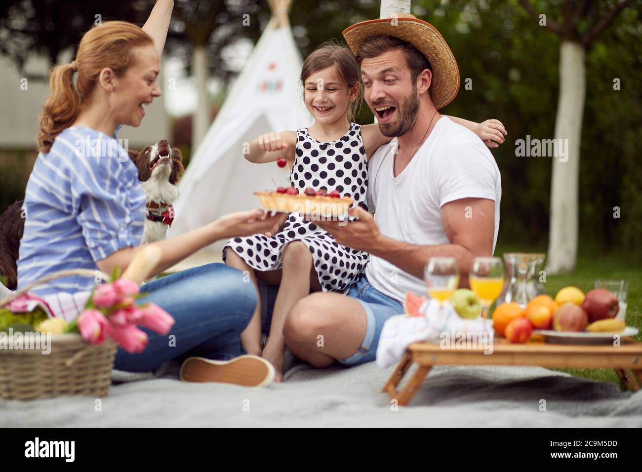 Picnic in famiglia nel cortile in bella giornata Foto Stock