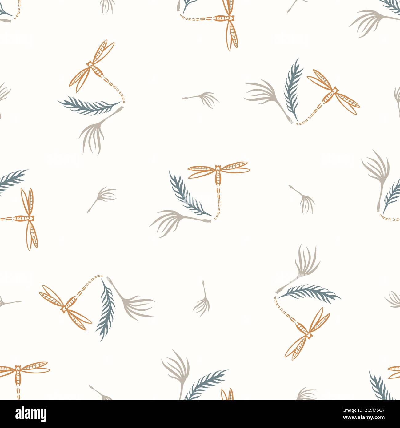Senza cuciture sfondo dragonfly genere neutro modello bambino. Semplice bizzarolo minimal color terra 2 tonalità. Carta da parati per bambini o animale di insetto boho Illustrazione Vettoriale