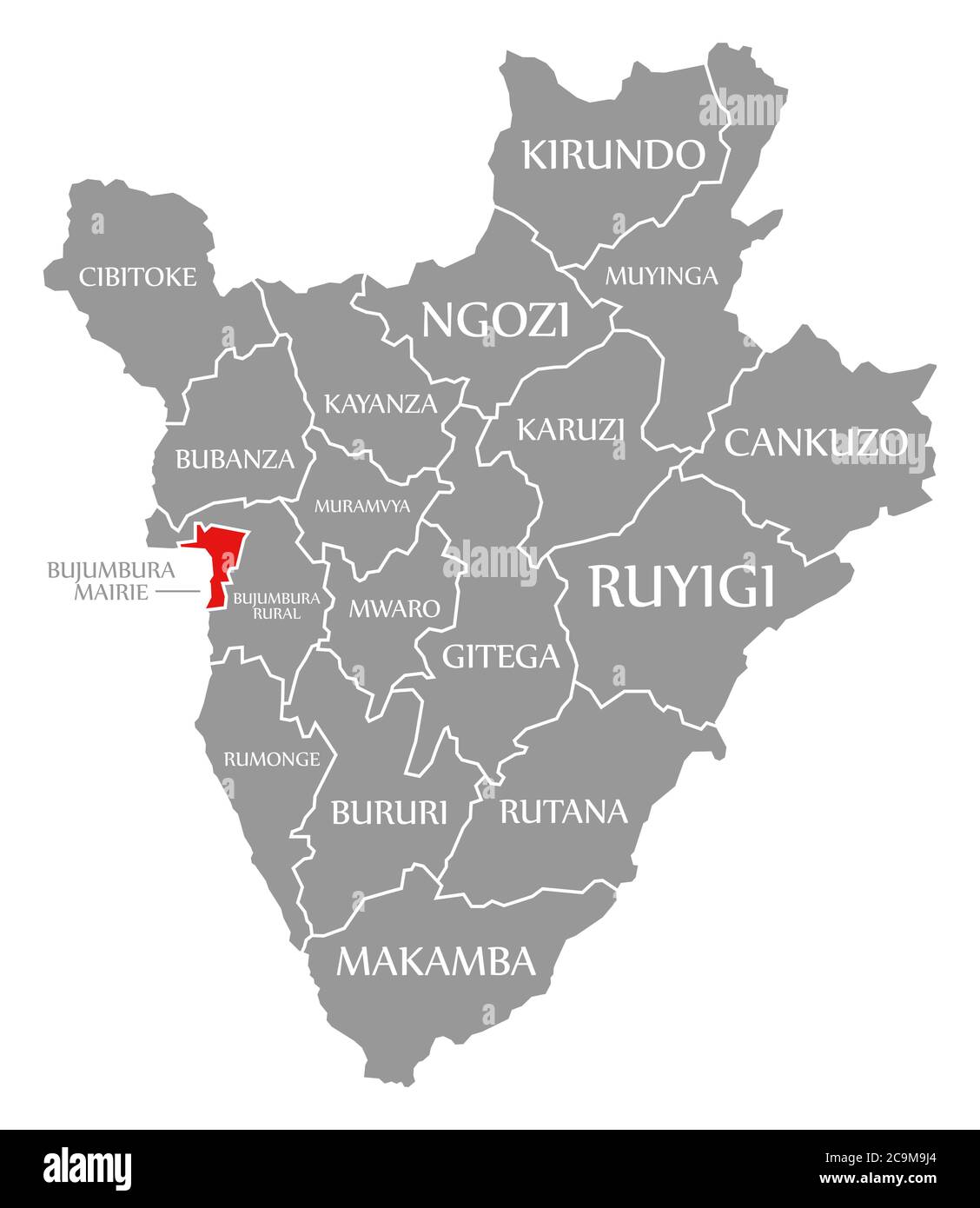 Bujumbura Mairie rosso evidenziato nella mappa del Burundi Foto Stock