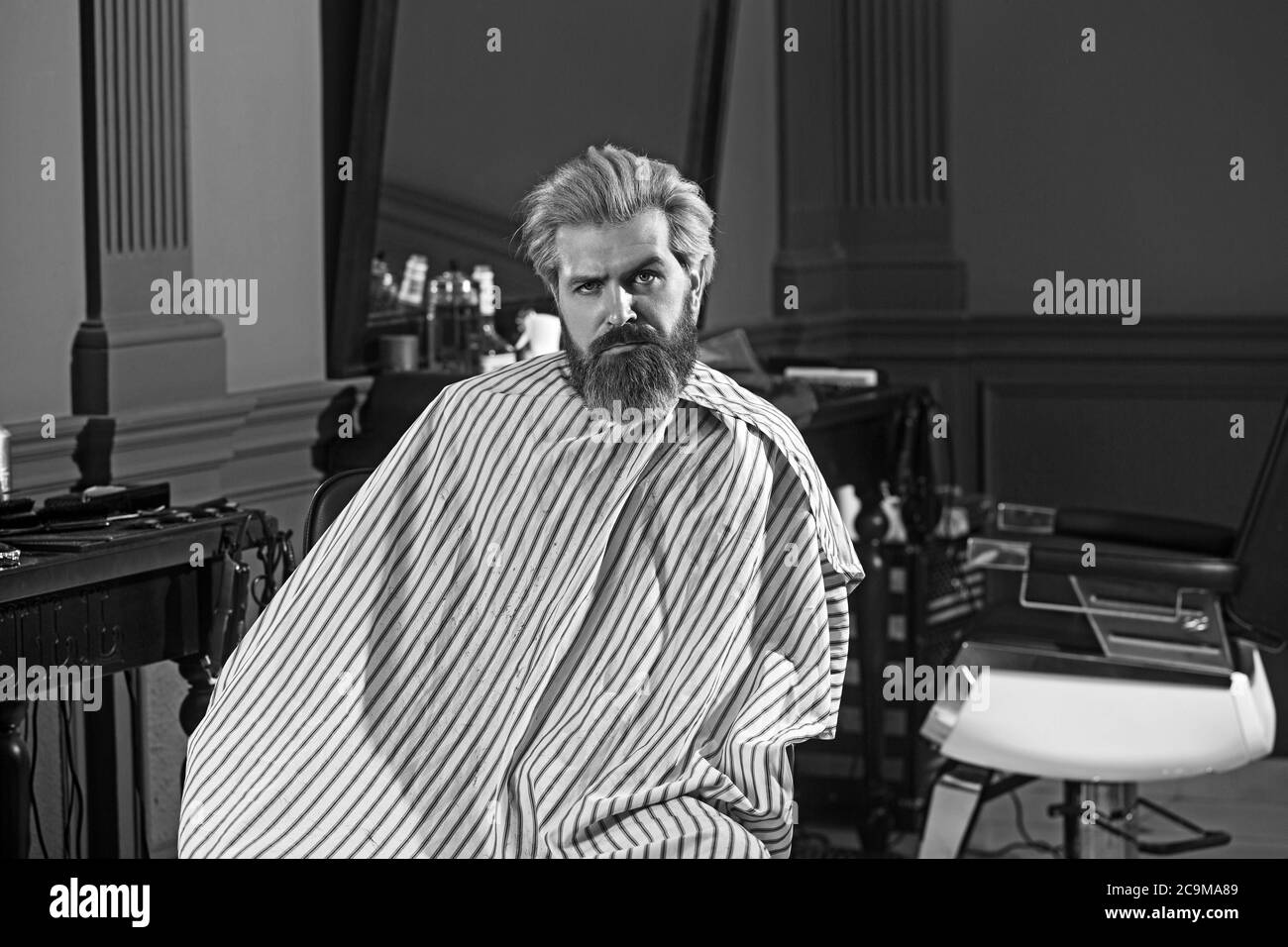 Uomo bearded che ottiene il taglio dei capelli dal parrucchiere mentre sedendo nella sedia al barbershop. Foto Stock