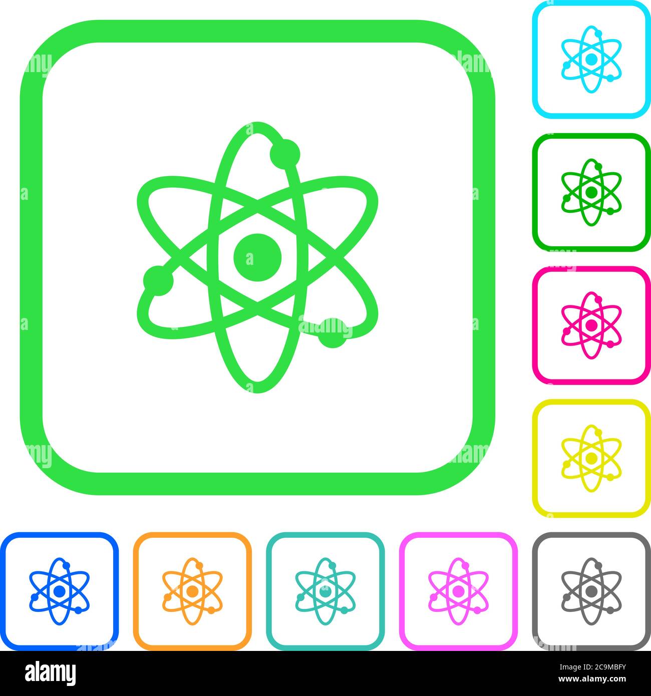Simbolo Atom icone piatte colorate vivide nei bordi curvi su sfondo bianco Illustrazione Vettoriale