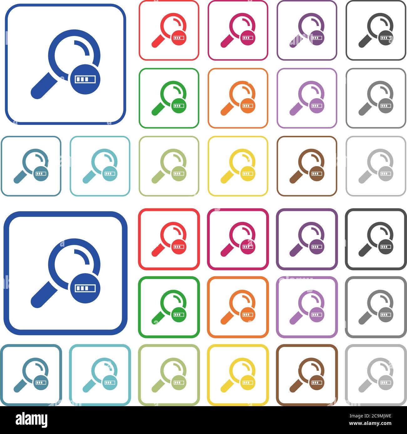 Ricerca in corso icone piatte a colori in cornici quadrate arrotondate. Versioni sottili e spesse incluse. Illustrazione Vettoriale