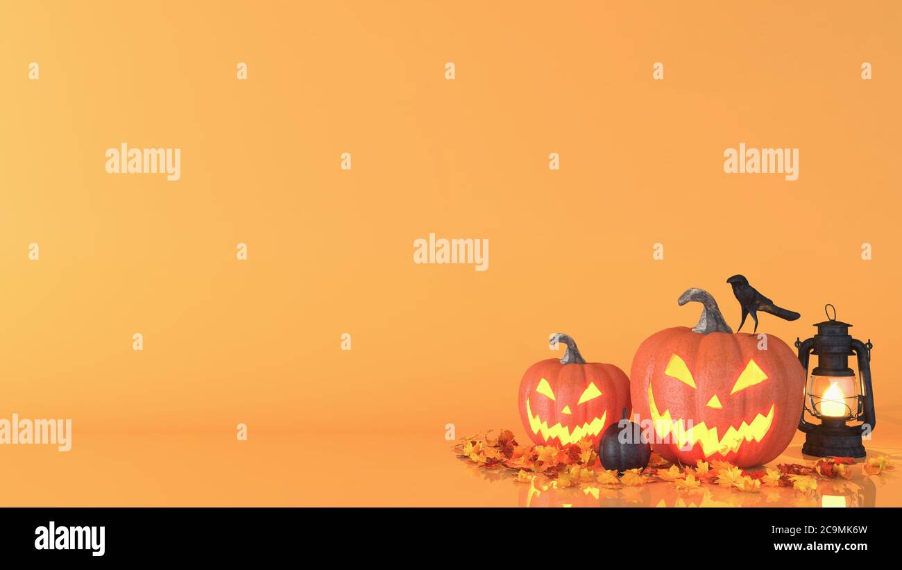 Zucca di Halloween, Jack o Lanterna, sfondo decorazione di Halloween con spazio di copia, rendering 3D Foto Stock