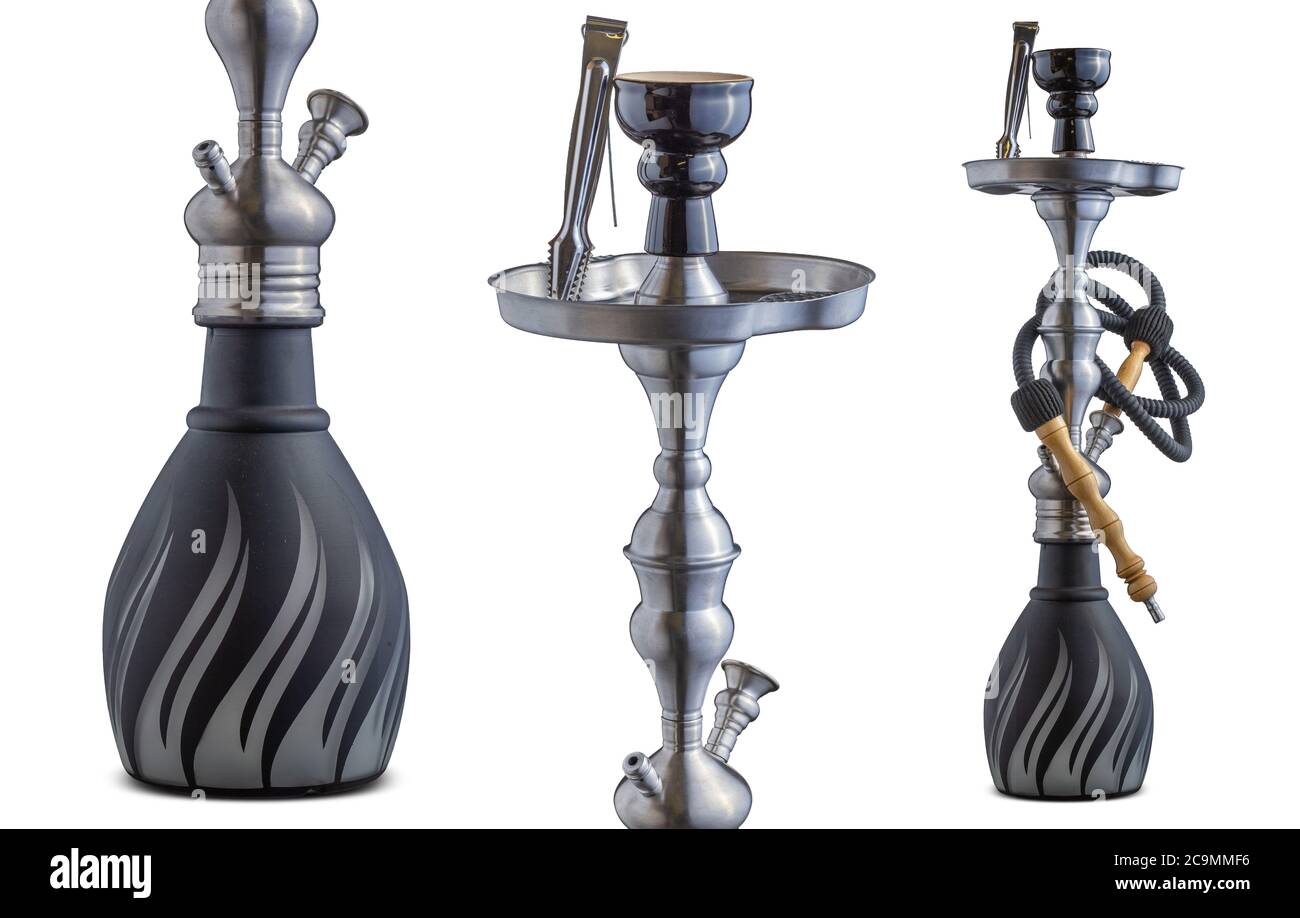 tubo dell'acqua isolato colorato o hookah. Set di narghilè tradizionali Foto Stock