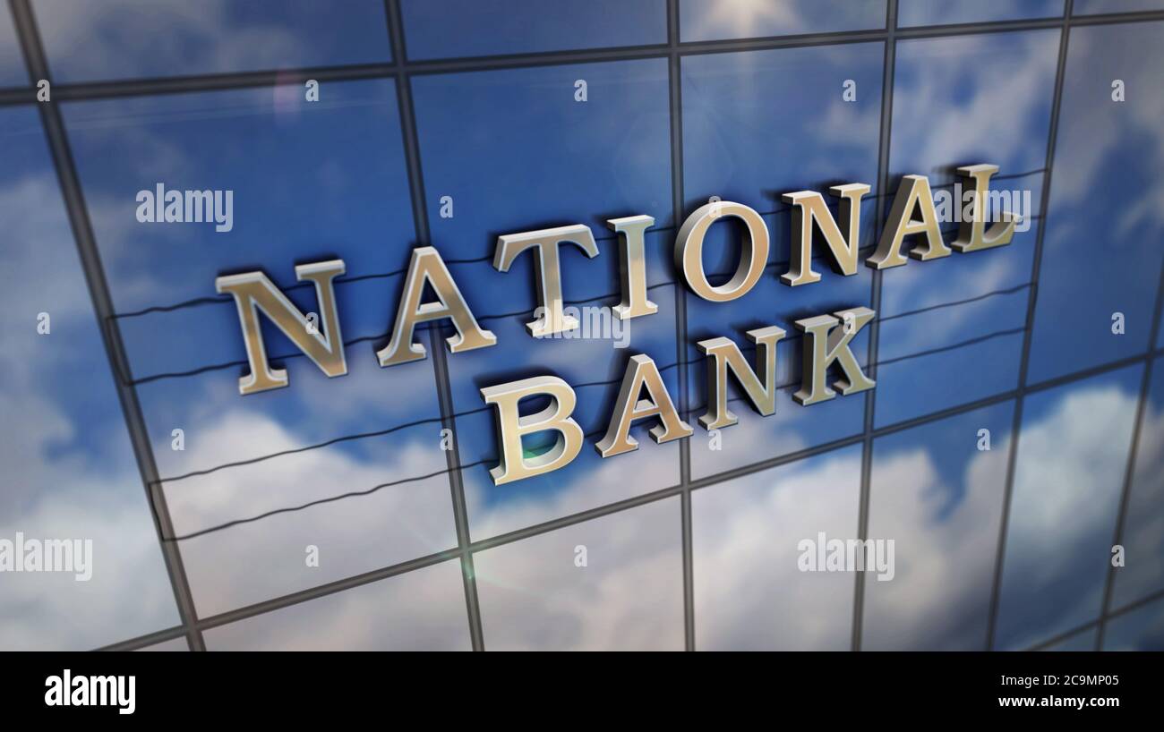 National Bank in un edificio di vetro. Cielo specchiato e facciata moderna della città. Illustrazione del rendering 3D del concetto di economia, business e finanza pubblica. Foto Stock