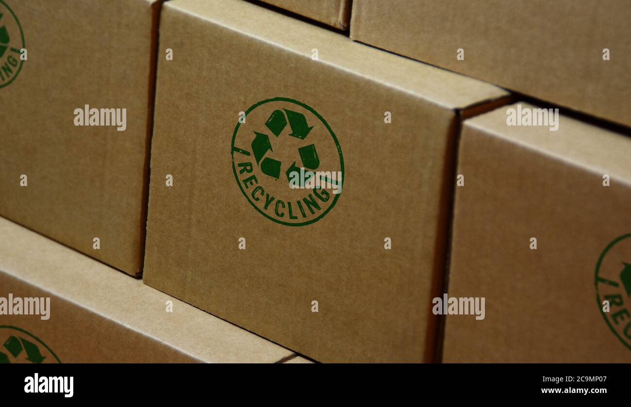 Timbro di riciclaggio stampato su scatola di cartone. Simbolo di riciclo, frecce, materiali riciclabili, protezione ambientale e concetto di protezione della terra. Foto Stock