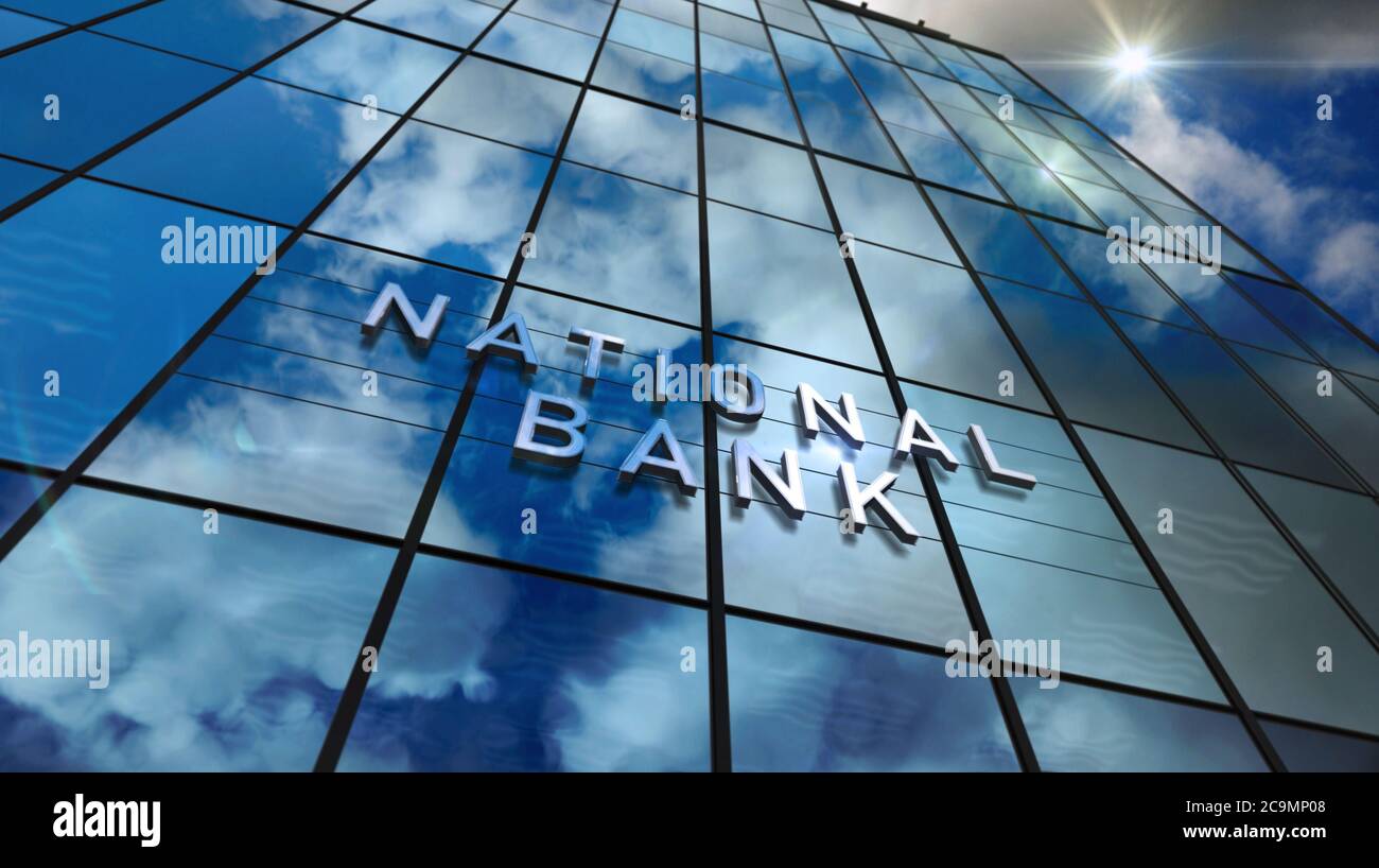 National Bank in un edificio di vetro. Cielo specchiato e facciata moderna della città. Illustrazione del rendering 3D del concetto di economia, business e finanza pubblica. Foto Stock